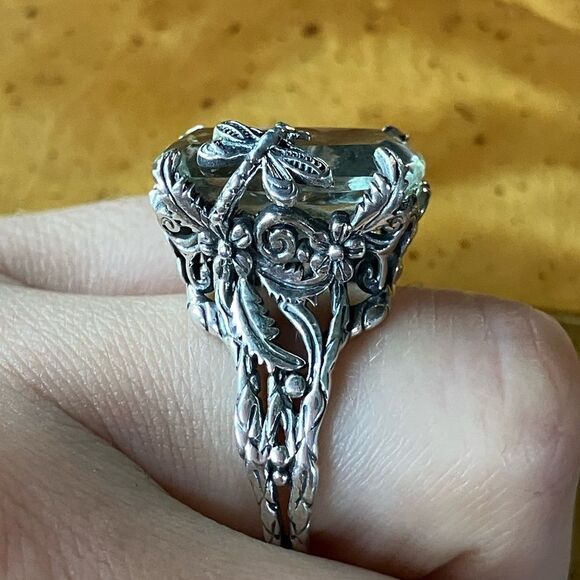 Natural Prasiolite Green Amethyst Sterling Silver Butterfly Ring Size 7.5 - Picture 3 of 9